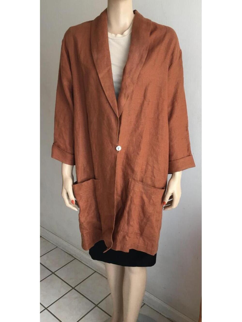 Vtg Hanna Hartnell Rust Lagenlook 100% Linen Women's Duster Coat Oversized sz S